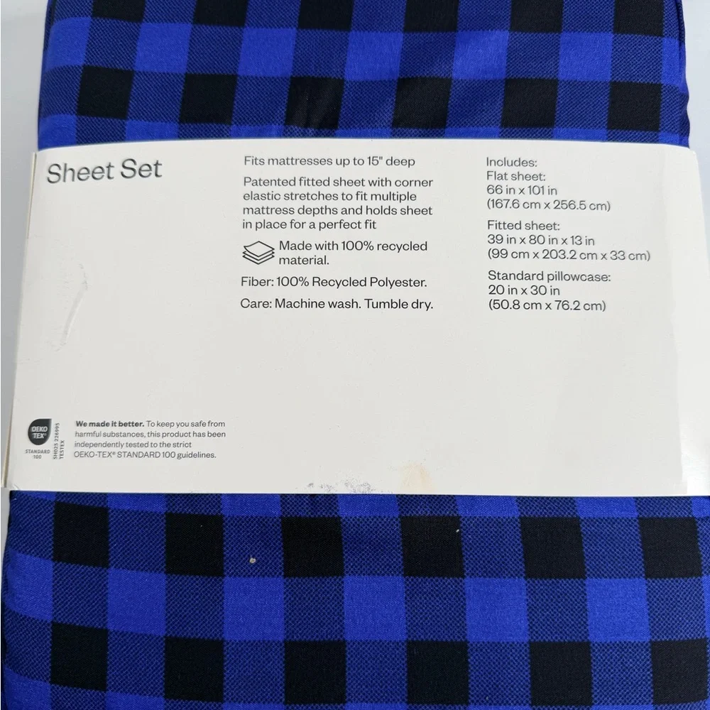 NWT Room Essentials Microfiber Sheet Set Twin XL Blue‎ Buffalo Plaid Bedding